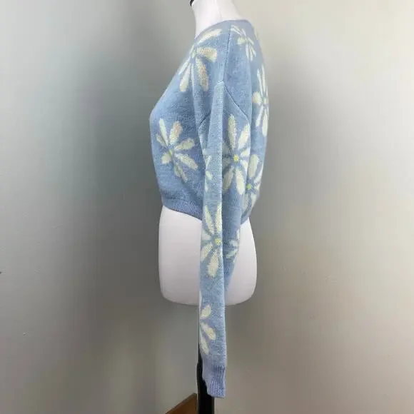 Witty Fox Blue Retro Floral Cropped Knit Sweater Large Daisy - Picture 5 of 7